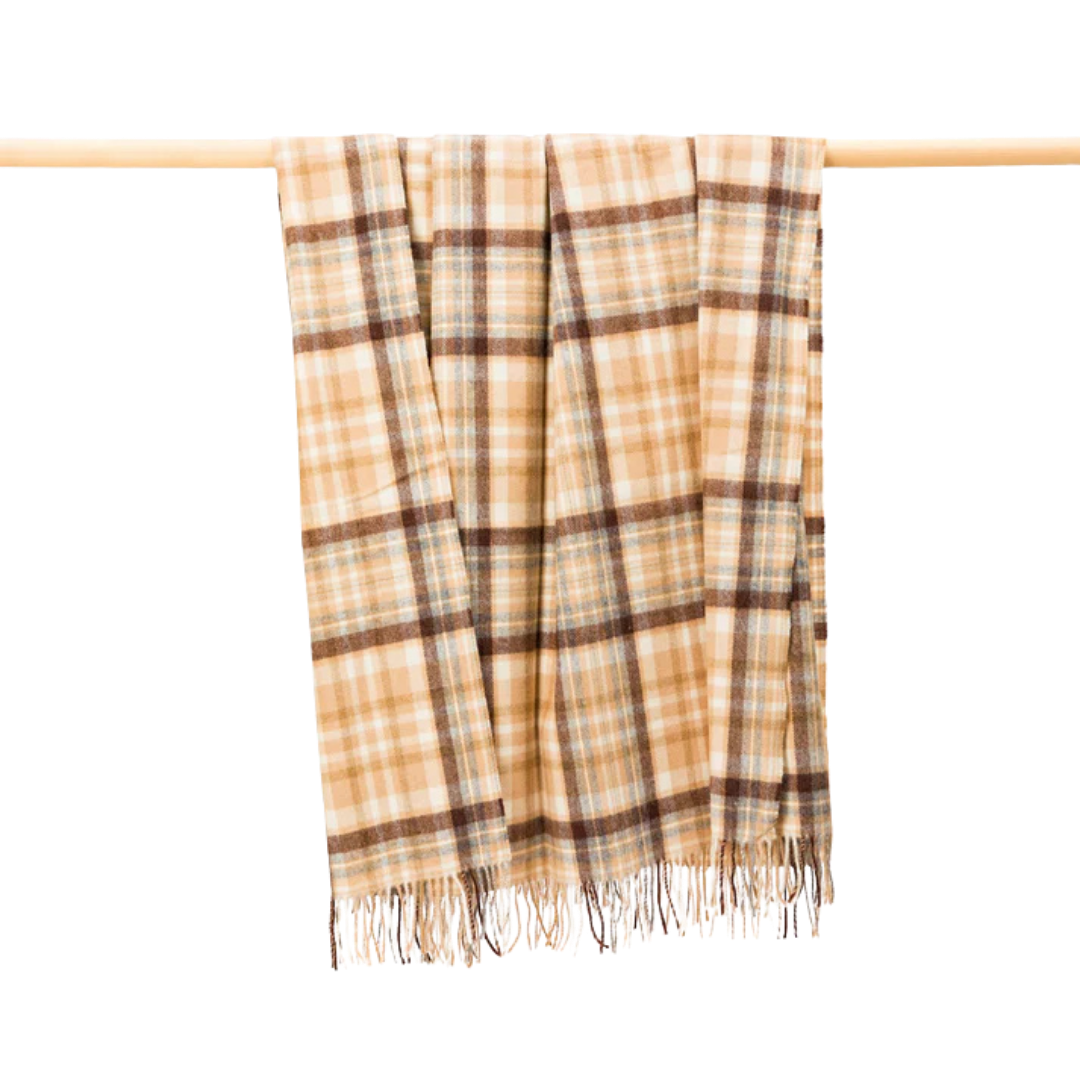 Lamswollen Blankie Camel Zilvergrijs Crème Bruin Ruit 137x180 cm