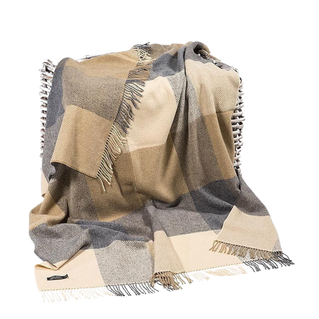 Merino-Cashmere Blankie Groen Antraciet Blokpatroon 136x180 cm