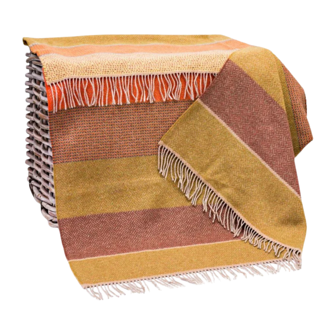 Merino-Cashmere Blankie Oranje Geel Bruin Mosterd Streep 136x180 cm